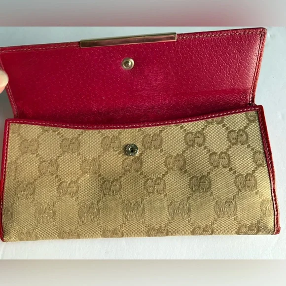 Gucci GG Beige Canvas Long Wallet with Pink Leather Interior Vintage - Picture 6 of 15